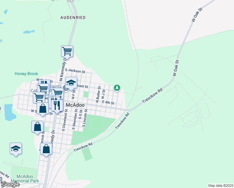 map of restaurants, bars, coffee shops, grocery stores, and more near 518 East Grant Street in McAdoo