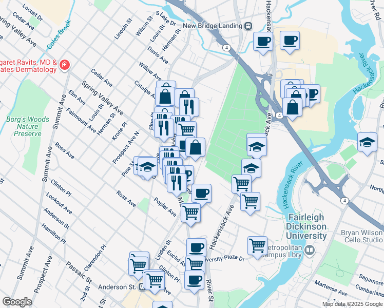 map of restaurants, bars, coffee shops, grocery stores, and more near 9 Lawton Street in Hackensack