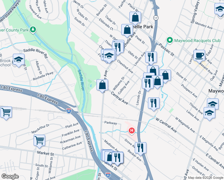 map of restaurants, bars, coffee shops, grocery stores, and more near 53 Central Avenue in Rochelle Park