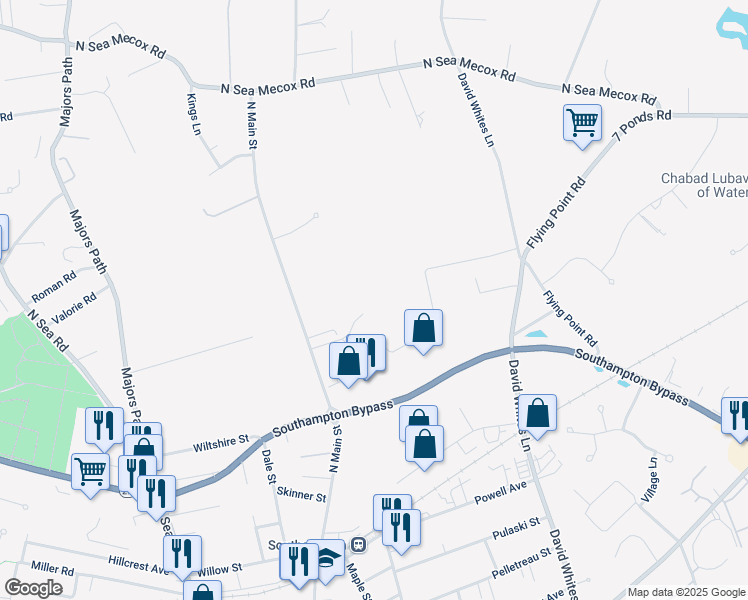 map of restaurants, bars, coffee shops, grocery stores, and more near 31 Newberry Lane in Southampton