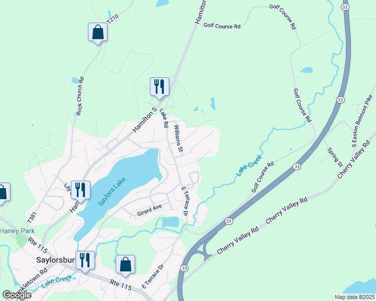 map of restaurants, bars, coffee shops, grocery stores, and more near 119 Seitz Road in Saylorsburg