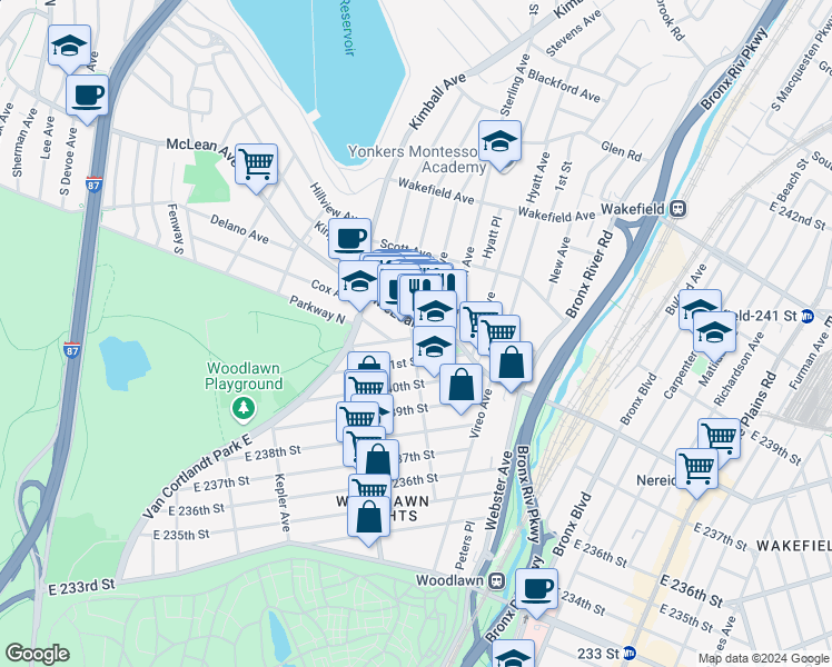 map of restaurants, bars, coffee shops, grocery stores, and more near 4406 Martha Avenue in Yonkers