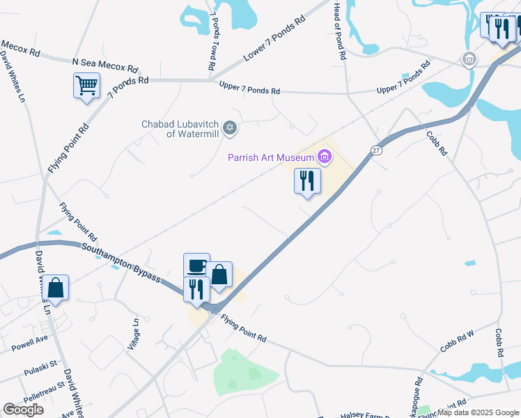 map of restaurants, bars, coffee shops, grocery stores, and more near 28 Fairbanks Court in Water Mill