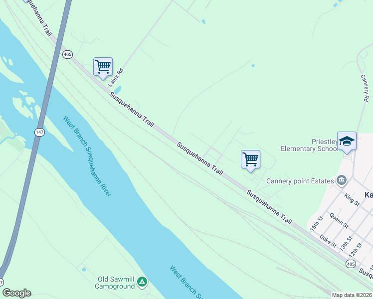 map of restaurants, bars, coffee shops, grocery stores, and more near 648 Susquehanna Trail in Northumberland