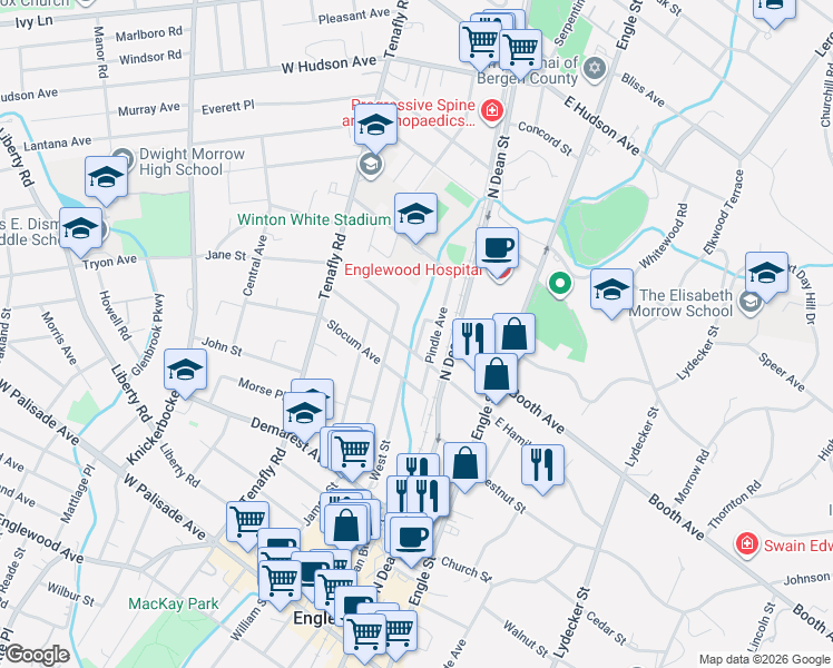 map of restaurants, bars, coffee shops, grocery stores, and more near 259 Waldo Place in Englewood