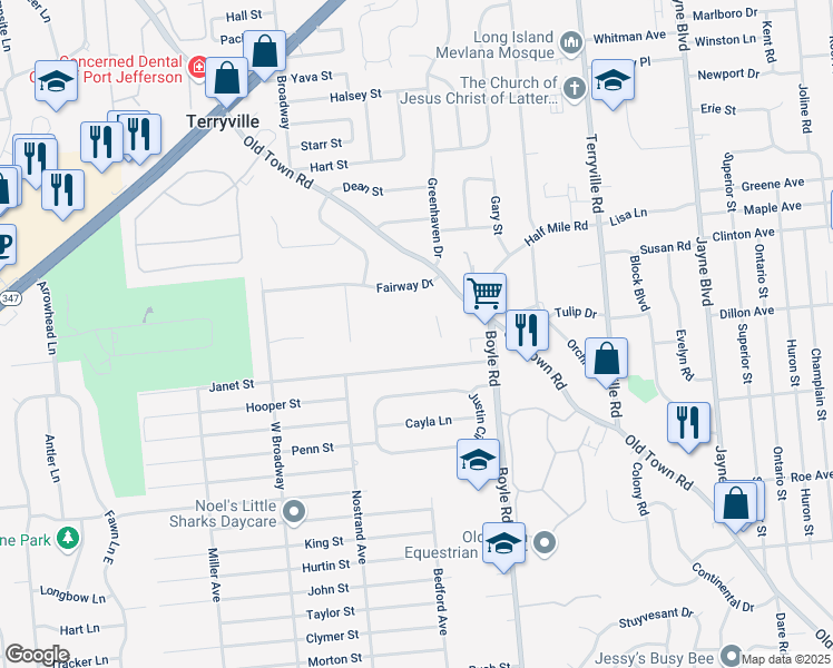 map of restaurants, bars, coffee shops, grocery stores, and more near 19 Janet Street in Port Jefferson Station