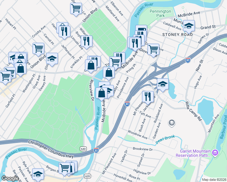 map of restaurants, bars, coffee shops, grocery stores, and more near 626 McBride Avenue in Woodland Park