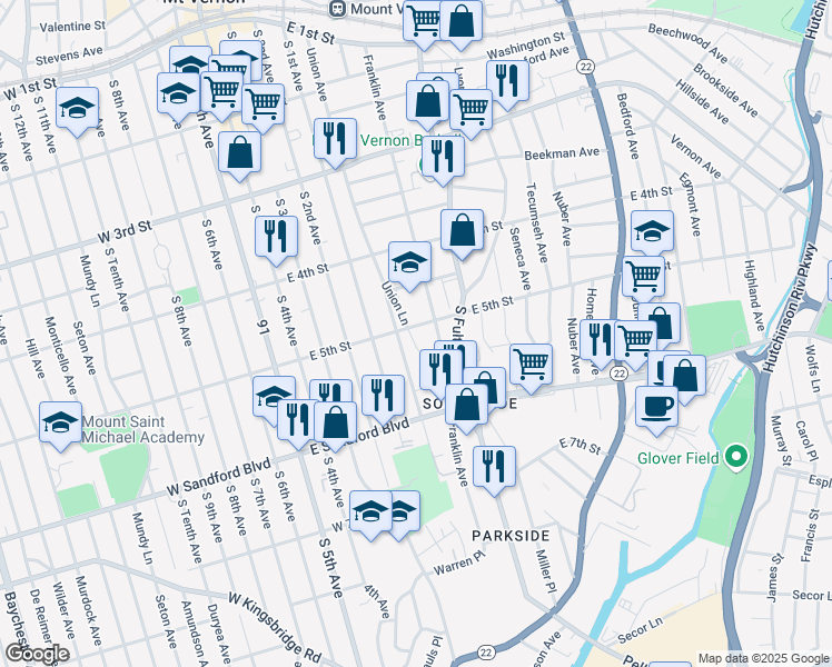 map of restaurants, bars, coffee shops, grocery stores, and more near 35 Union Lane in Mount Vernon