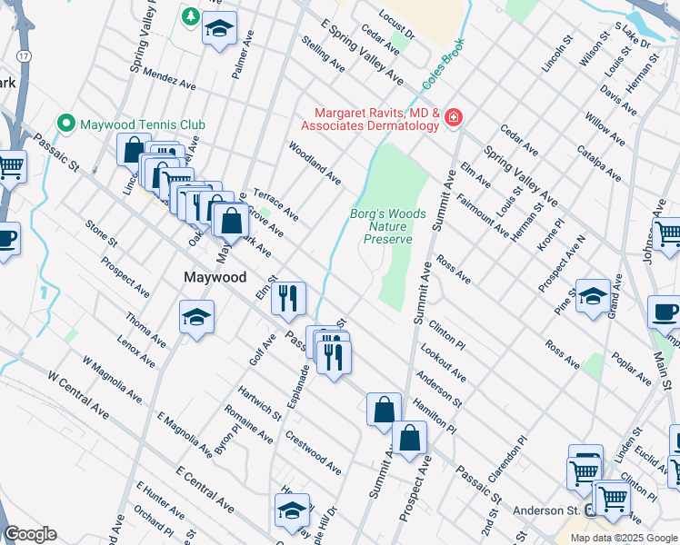 map of restaurants, bars, coffee shops, grocery stores, and more near 123 Grove Avenue in Maywood