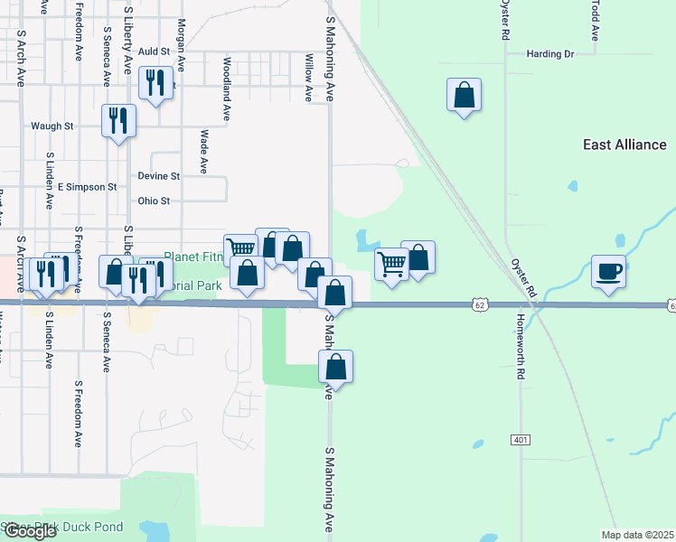 map of restaurants, bars, coffee shops, grocery stores, and more near 1500 South Mahoning Avenue in Alliance