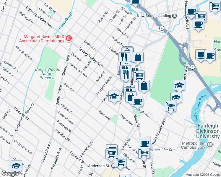 map of restaurants, bars, coffee shops, grocery stores, and more near 84 Elm Avenue in Hackensack