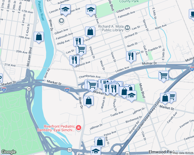 map of restaurants, bars, coffee shops, grocery stores, and more near 2 Livi Court in Elmwood Park
