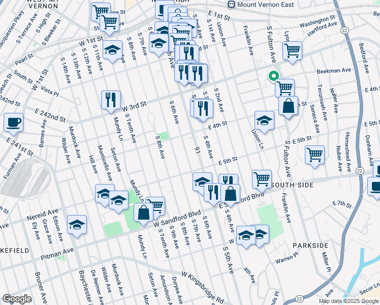 map of restaurants, bars, coffee shops, grocery stores, and more near 312A South 6th Avenue in Mount Vernon