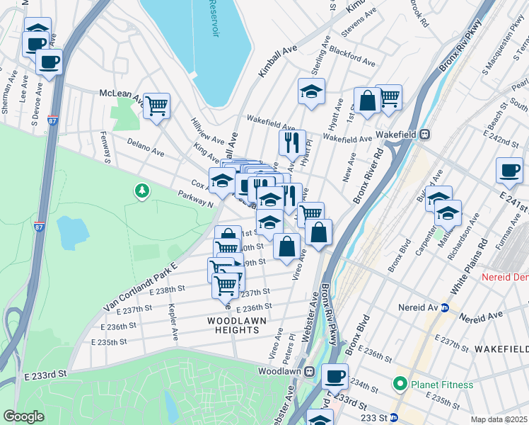 map of restaurants, bars, coffee shops, grocery stores, and more near 25 Woodlawn Avenue in Yonkers