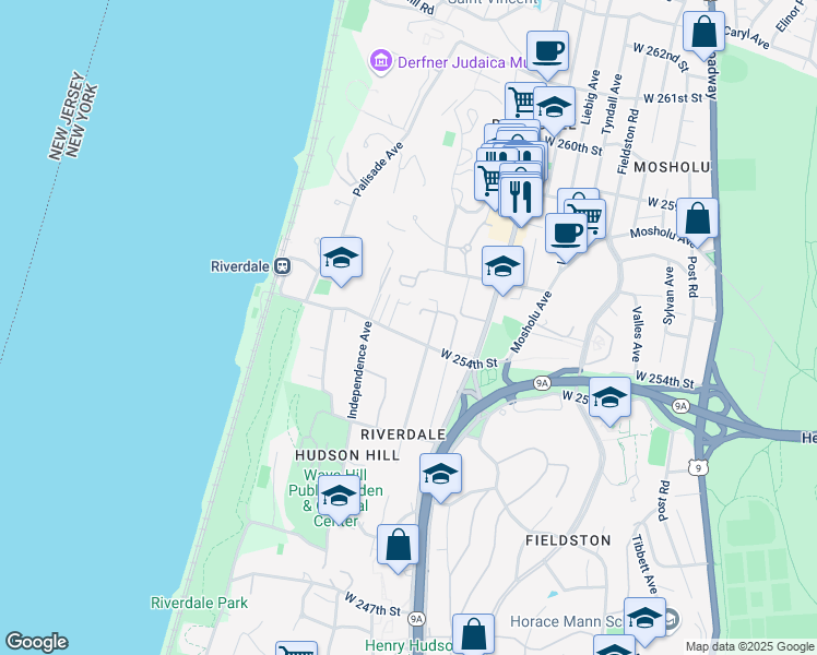 map of restaurants, bars, coffee shops, grocery stores, and more near 5445 Arlington Avenue in Bronx
