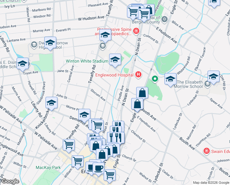map of restaurants, bars, coffee shops, grocery stores, and more near 259 Waldo Place in Englewood