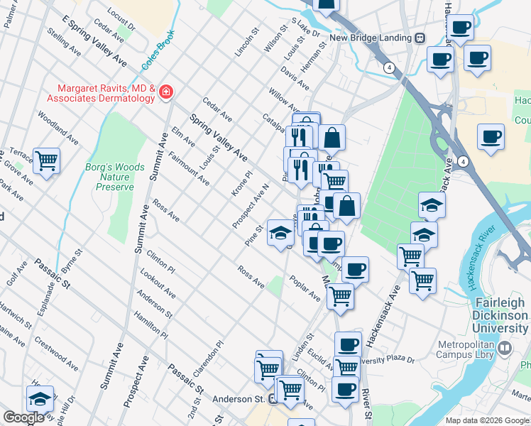 map of restaurants, bars, coffee shops, grocery stores, and more near 84 Elm Avenue in Hackensack