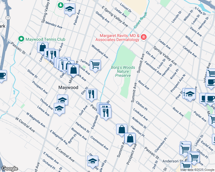 map of restaurants, bars, coffee shops, grocery stores, and more near 123 Grove Avenue in Maywood