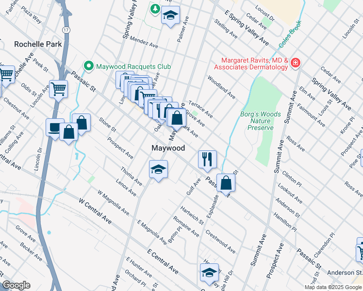 map of restaurants, bars, coffee shops, grocery stores, and more near 11 East Pleasant Avenue in Maywood