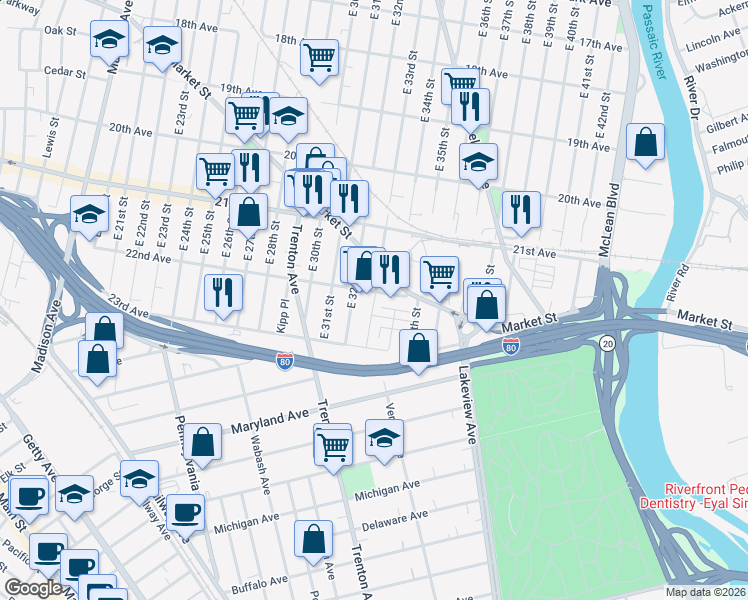 map of restaurants, bars, coffee shops, grocery stores, and more near 602 East 33rd Street in Paterson