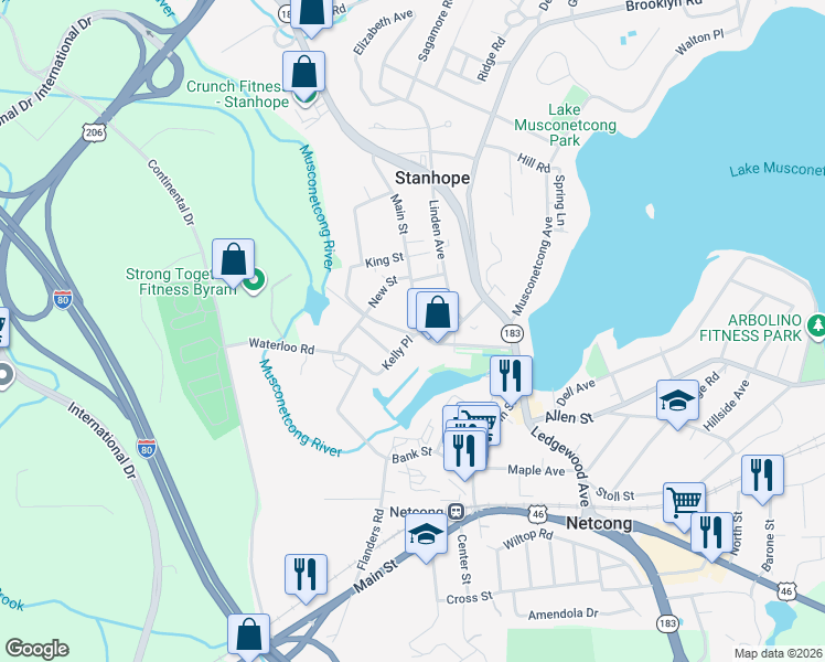 map of restaurants, bars, coffee shops, grocery stores, and more near in Stanhope