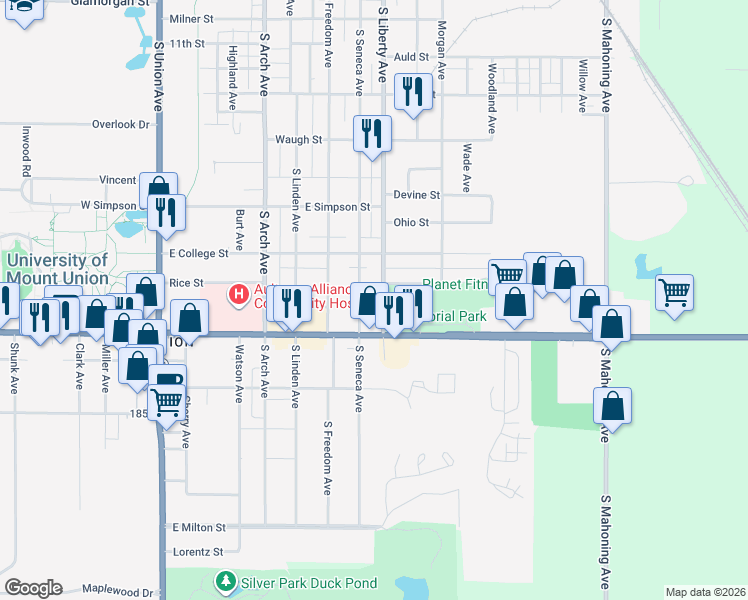 map of restaurants, bars, coffee shops, grocery stores, and more near 1850 South Seneca Avenue in Alliance