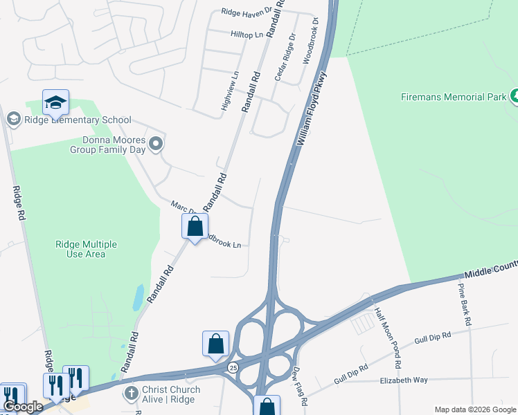 map of restaurants, bars, coffee shops, grocery stores, and more near 5 Farmhouse Drive in Ridge