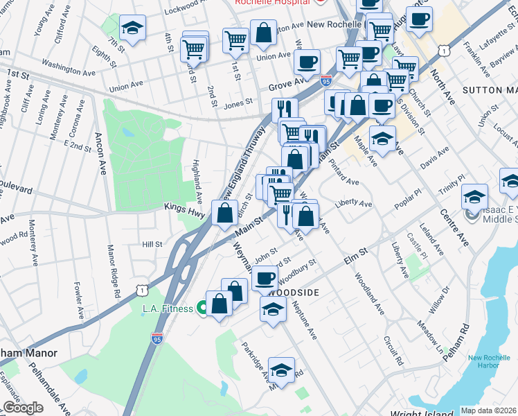 map of restaurants, bars, coffee shops, grocery stores, and more near 30 Cliff Street in New Rochelle