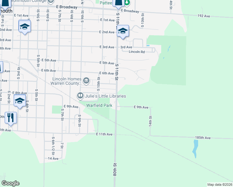 map of restaurants, bars, coffee shops, grocery stores, and more near 906 South 11th Street in Monmouth