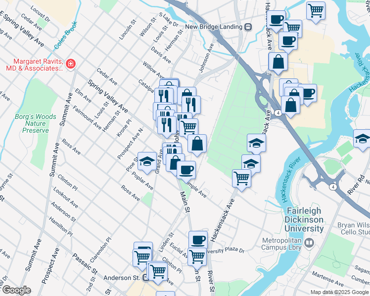 map of restaurants, bars, coffee shops, grocery stores, and more near 87 Burlews Court in Hackensack