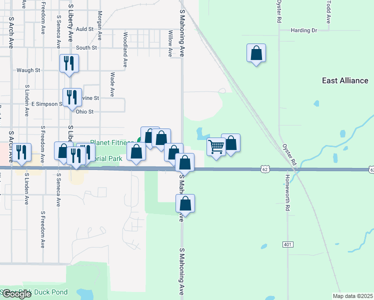 map of restaurants, bars, coffee shops, grocery stores, and more near 1500 South Mahoning Avenue in Alliance