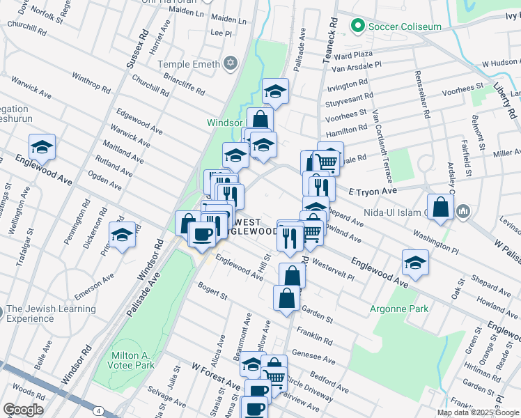 map of restaurants, bars, coffee shops, grocery stores, and more near 1504 Terrace Circle in Teaneck