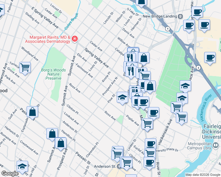 map of restaurants, bars, coffee shops, grocery stores, and more near 74 Krone Place in Hackensack