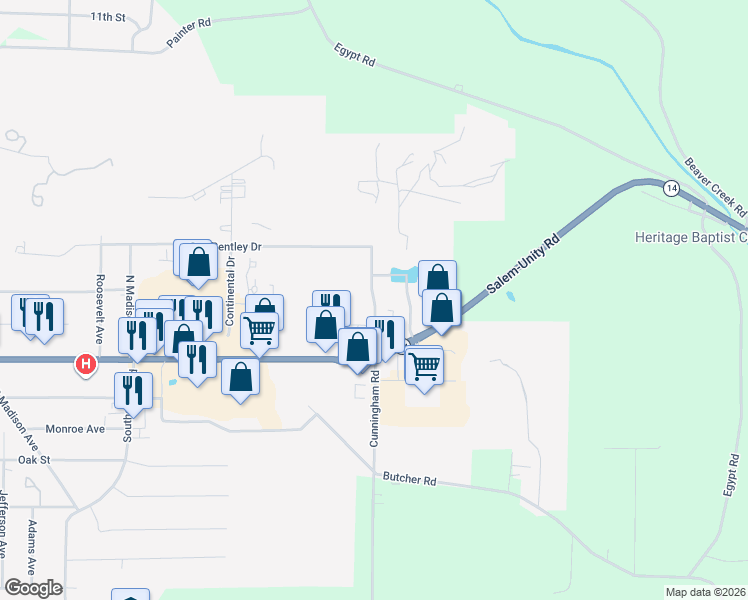 map of restaurants, bars, coffee shops, grocery stores, and more near 240 Cunningham Road in Salem