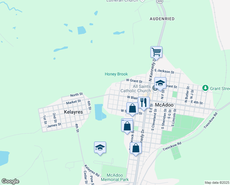 map of restaurants, bars, coffee shops, grocery stores, and more near 321 West Blaine Street in McAdoo