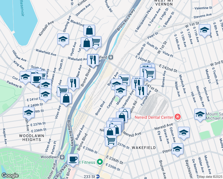 map of restaurants, bars, coffee shops, grocery stores, and more near 4557 Bronx Boulevard in Bronx