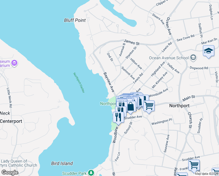 map of restaurants, bars, coffee shops, grocery stores, and more near 87 Bayview Avenue in Northport