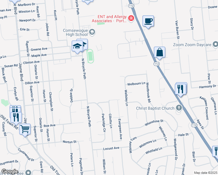 map of restaurants, bars, coffee shops, grocery stores, and more near 3 Walton Way in Coram