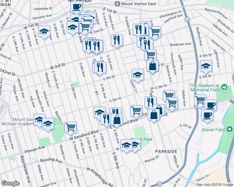 map of restaurants, bars, coffee shops, grocery stores, and more near 335 South 2nd Avenue in Mount Vernon