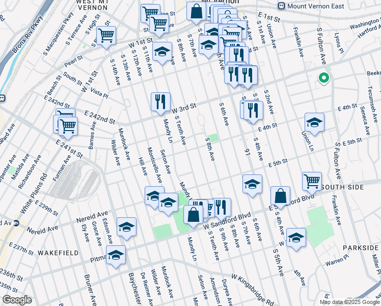 map of restaurants, bars, coffee shops, grocery stores, and more near 282 South 9th Avenue in Mount Vernon