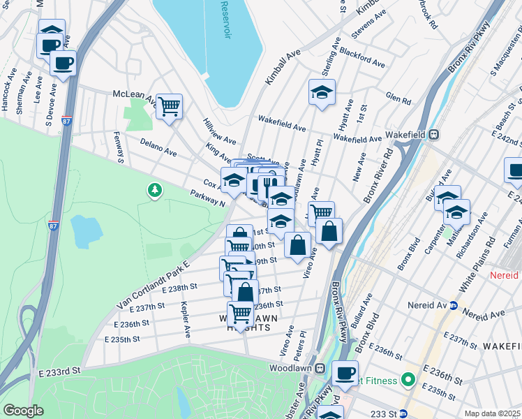 map of restaurants, bars, coffee shops, grocery stores, and more near 3 Glover Avenue in Yonkers