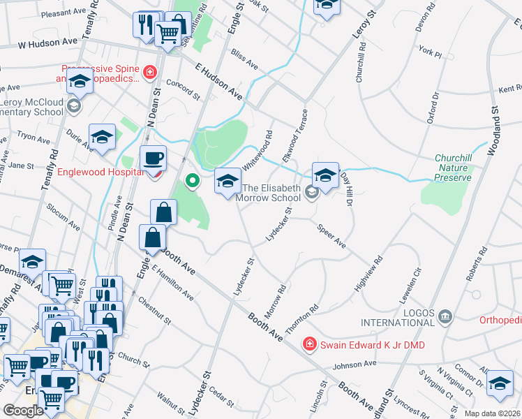 map of restaurants, bars, coffee shops, grocery stores, and more near 377 Elkwood Terrace in Englewood