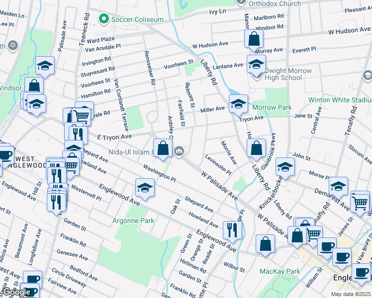 map of restaurants, bars, coffee shops, grocery stores, and more near 36 Belmont Street in Englewood