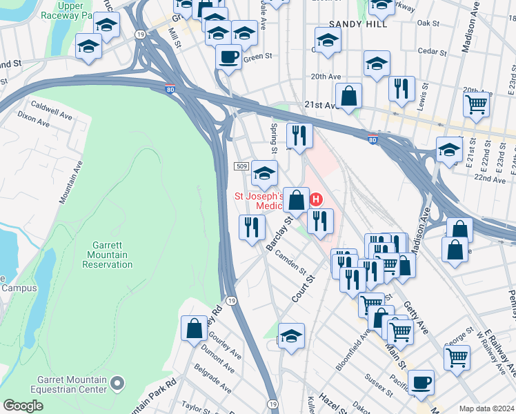 map of restaurants, bars, coffee shops, grocery stores, and more near 36 Chadwick Street in Paterson