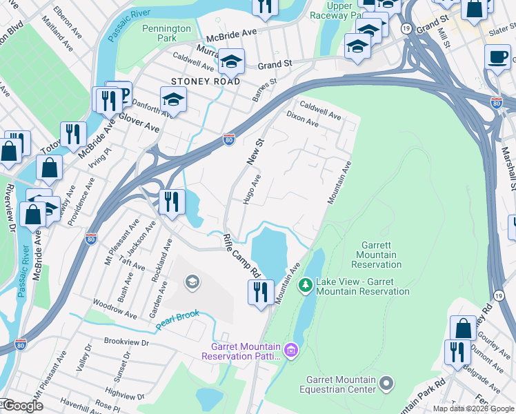 map of restaurants, bars, coffee shops, grocery stores, and more near 17 Hugo Avenue in Woodland Park
