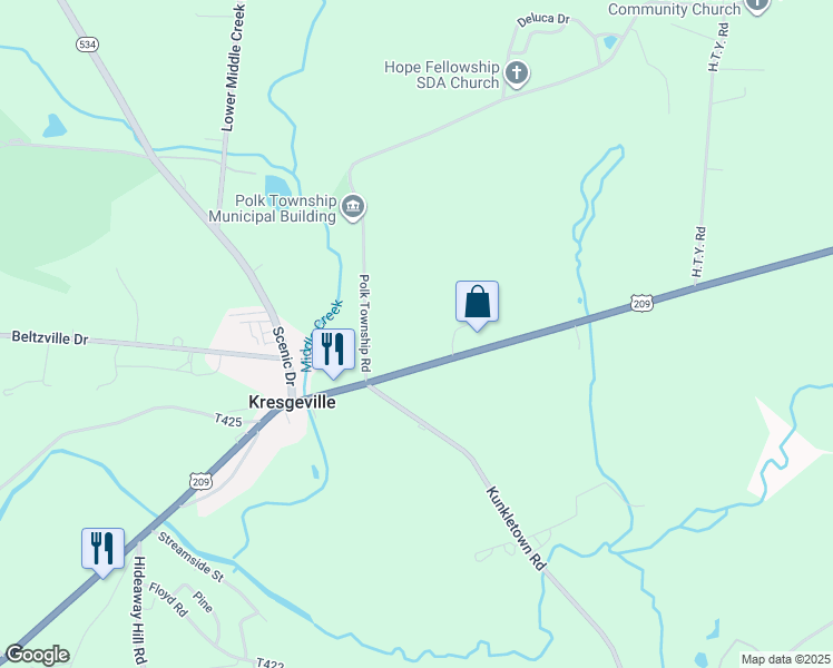 map of restaurants, bars, coffee shops, grocery stores, and more near 514 U.S. 209 in Monroe County