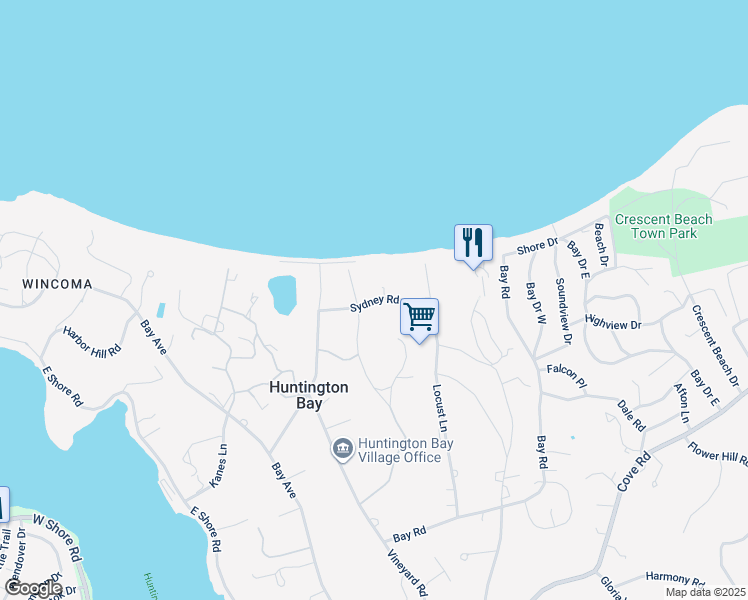 map of restaurants, bars, coffee shops, grocery stores, and more near Sydney Road in Huntington