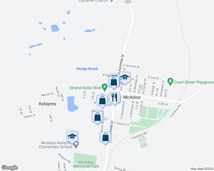 map of restaurants, bars, coffee shops, grocery stores, and more near 18 North Hancock Street in McAdoo