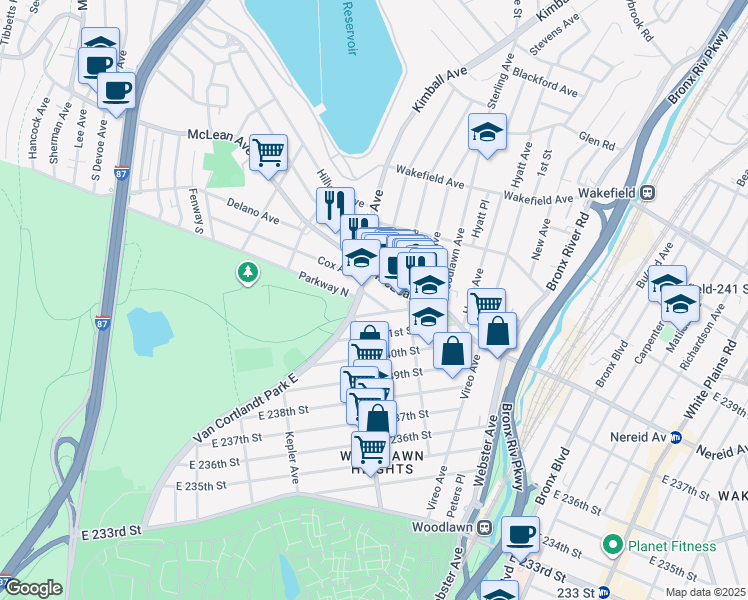 map of restaurants, bars, coffee shops, grocery stores, and more near Saint Marks Place in Yonkers