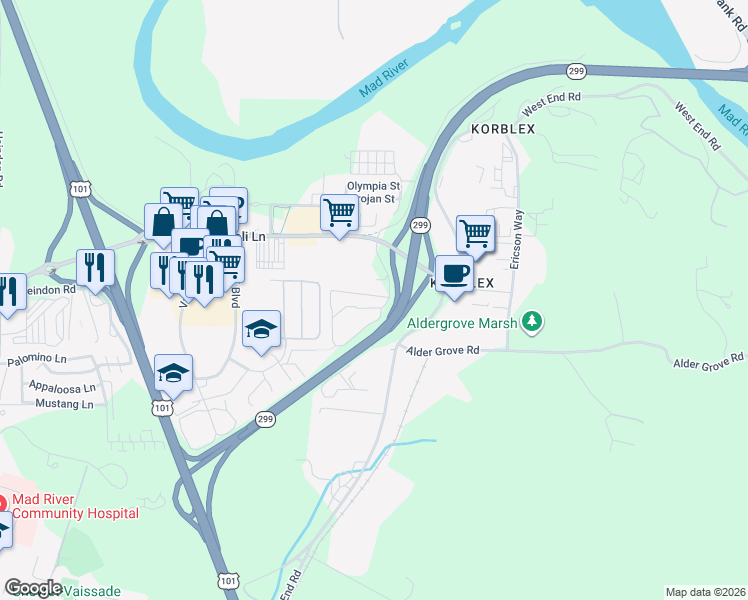 map of restaurants, bars, coffee shops, grocery stores, and more near 958 Courtyard Circle in Arcata
